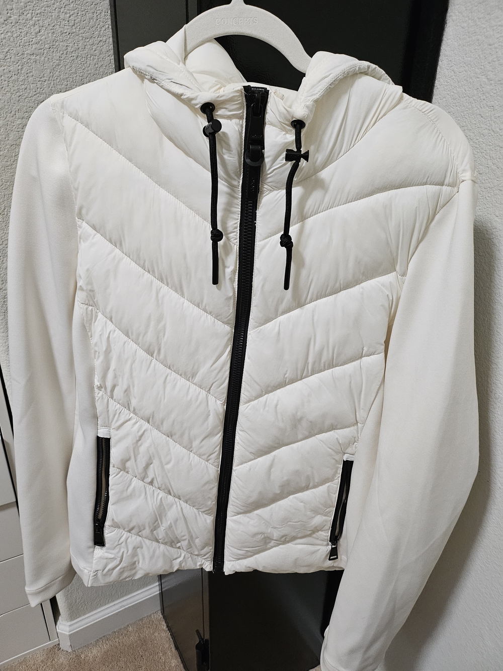 DKNY White Quilted Hooded Puffer Jacket with Black Trim